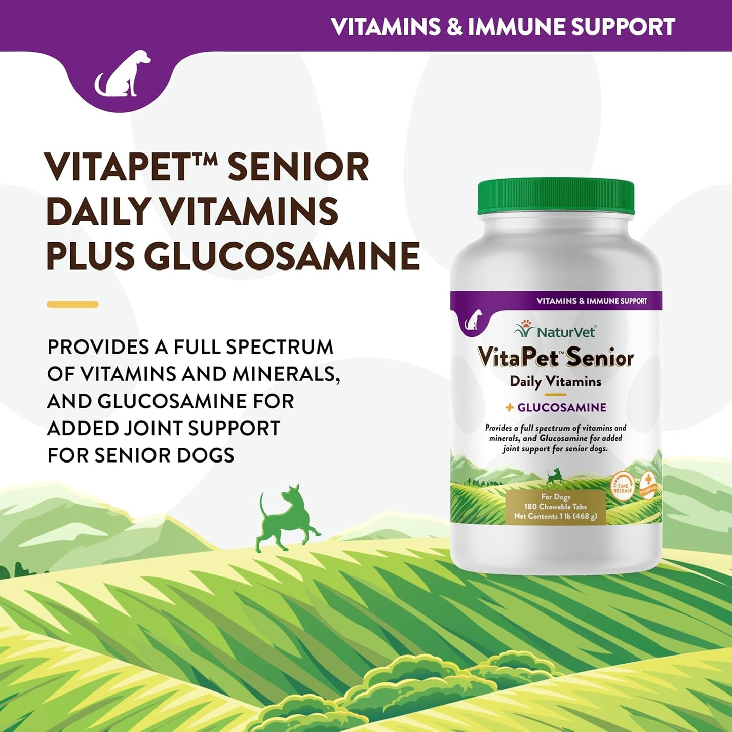 NaturVet VitaPet Senior Daily Vitamins with Glucosamine for Dogs, 180 Chewable Tablets, Time Release Formula, Made in the USA