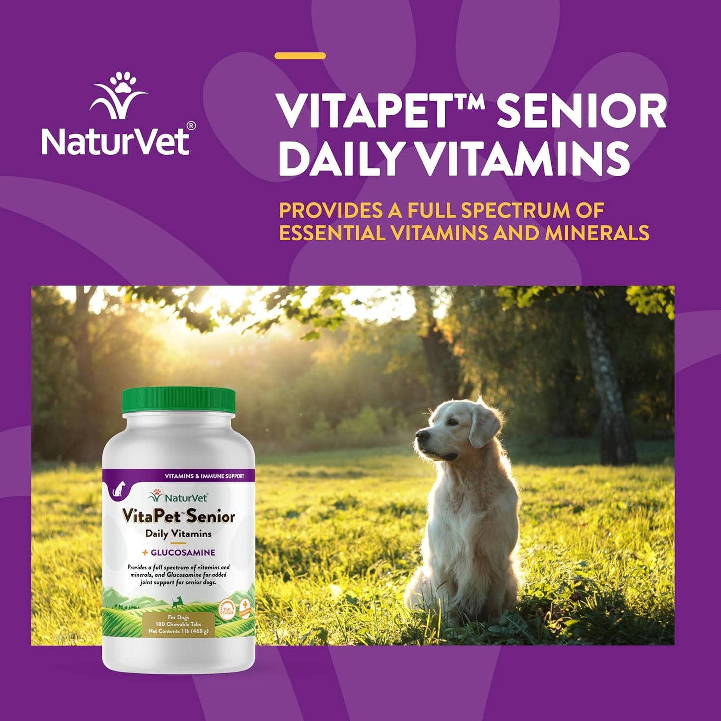 NaturVet VitaPet Senior Daily Vitamins with Glucosamine for Dogs, 180 Chewable Tablets, Time Release Formula, Made in the USA