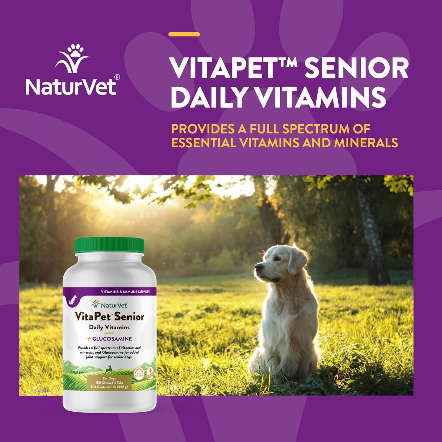 NaturVet VitaPet Senior Daily Vitamins with Glucosamine for Dogs, 180 Chewable Tablets, Time Release Formula, Made in the USA