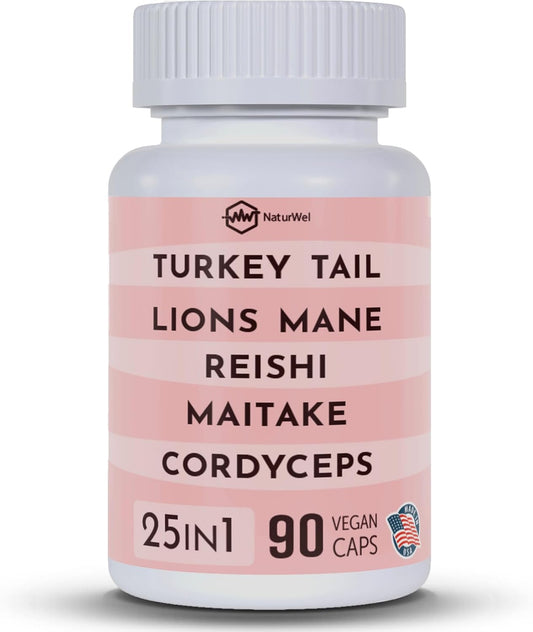 NaturWel Mushroom Blend Focus Pills - 90 Count with Turkey Tail, Lions Mane, Reishi, Chaga, Maitake, Cordyceps, Shiitake - 3000mg/1500mg - 1 Pack