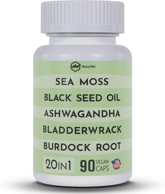 NaturWel Superfood Capsules with Black Seed Oil, Sea Moss, Ashwagandha, Turmeric, Burdock, Bladderwrack, Elderberry, Manuka, Chlorophyll, Dandelion, and Yellow Dock - 90 Capsules Pack of 1