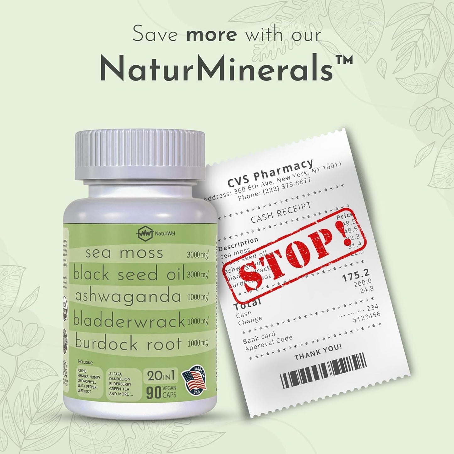 NaturWel Superfood Capsules with Black Seed Oil, Sea Moss, Ashwagandha, Turmeric, Burdock, Bladderwrack, Elderberry, Manuka, Chlorophyll, Dandelion, and Yellow Dock - 90 Capsules Pack of 1