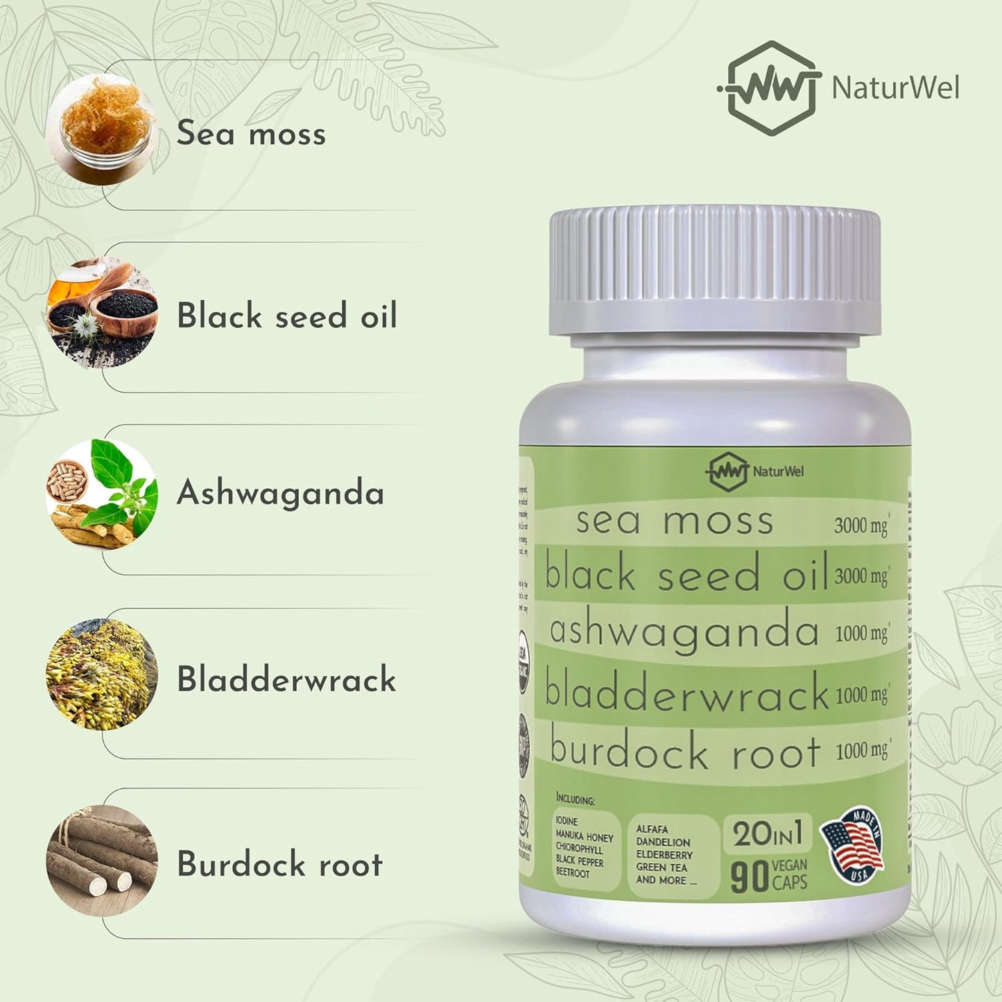 NaturWel Superfood Capsules with Black Seed Oil, Sea Moss, Ashwagandha, Turmeric, Burdock, Bladderwrack, Elderberry, Manuka, Chlorophyll, Dandelion, and Yellow Dock - 90 Capsules Pack of 1