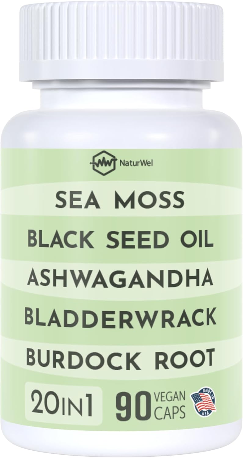 NaturWel Superfood Capsules with Black Seed Oil, Sea Moss, Ashwagandha, Turmeric, Burdock, Bladderwrack, Elderberry, Manuka, Chlorophyll, Dandelion, and Yellow Dock - 90 Capsules Pack of 1