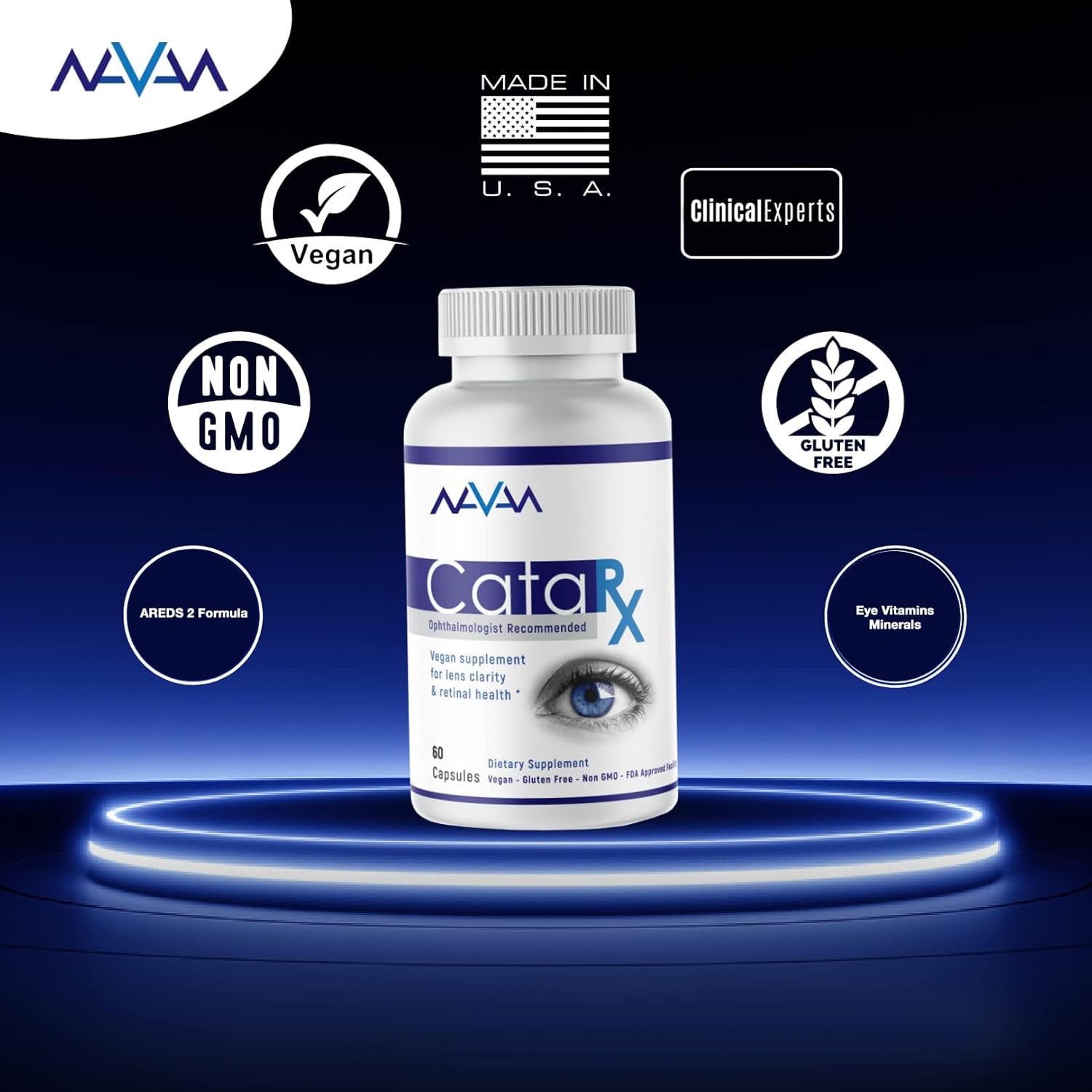 Navan CataRx Eye Vitamins & Minerals for Lens Clarity & Retina Health - AREDS 2 Formula with Lutein, Zeaxanthin, Zinc, Vitamin C, NAC - 60 Capsules, Kosher Certified