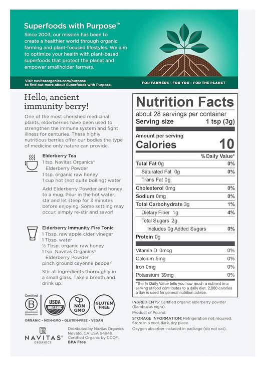Navitas Organics Elderberry Powder 3oz Bag - 100% Whole Elderberry Powder for Immune Support - Organic & Non-GMO - 56 Servings Total