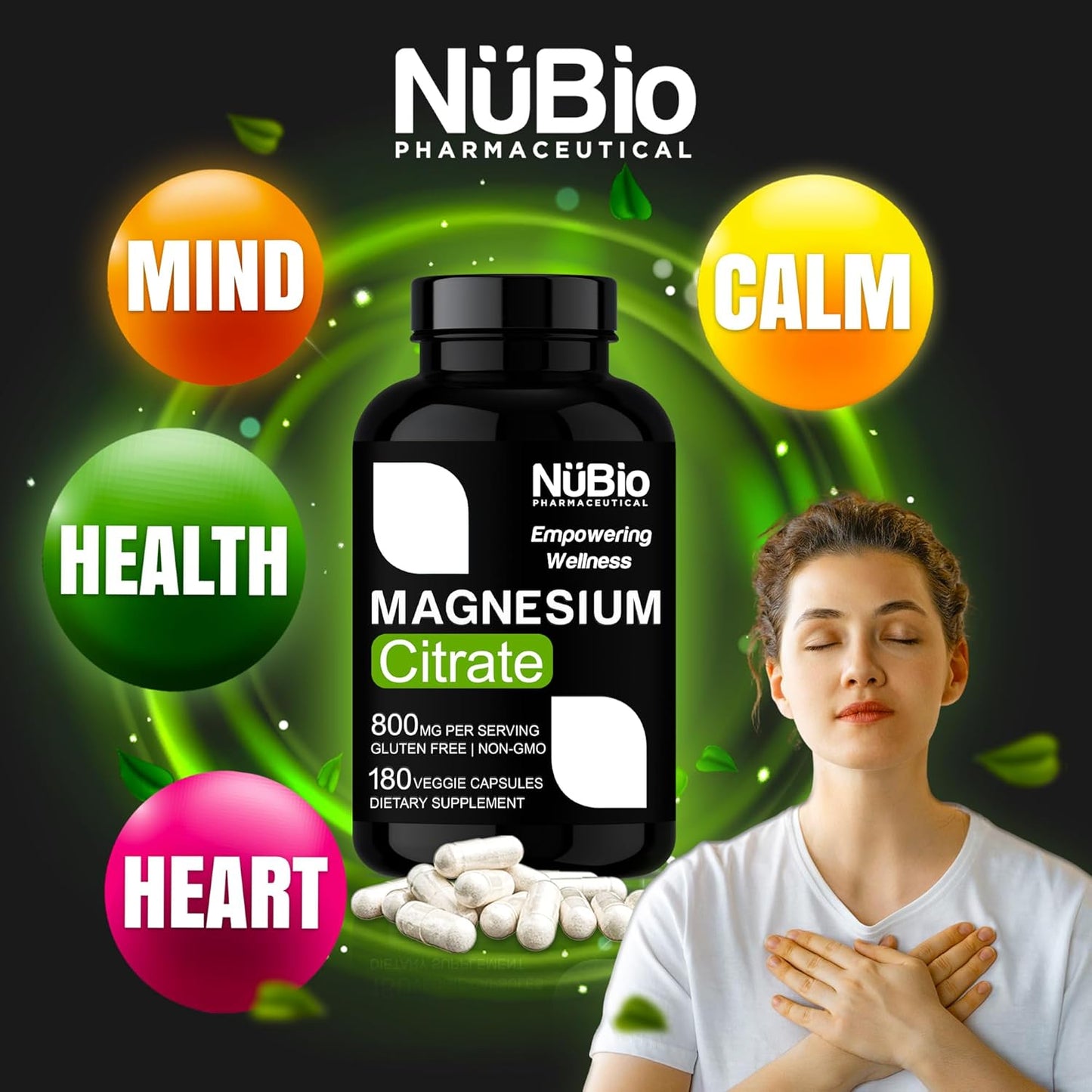 NüBio Pharmaceutical Vegan Magnesium Citrate Capsules - 400mg USA Made (Citrato de Magnesio), Non-GMO & Gluten-Free Supplement for Sleep, Brain, Heart, Bones, Metabolism, Stress - by NüBio