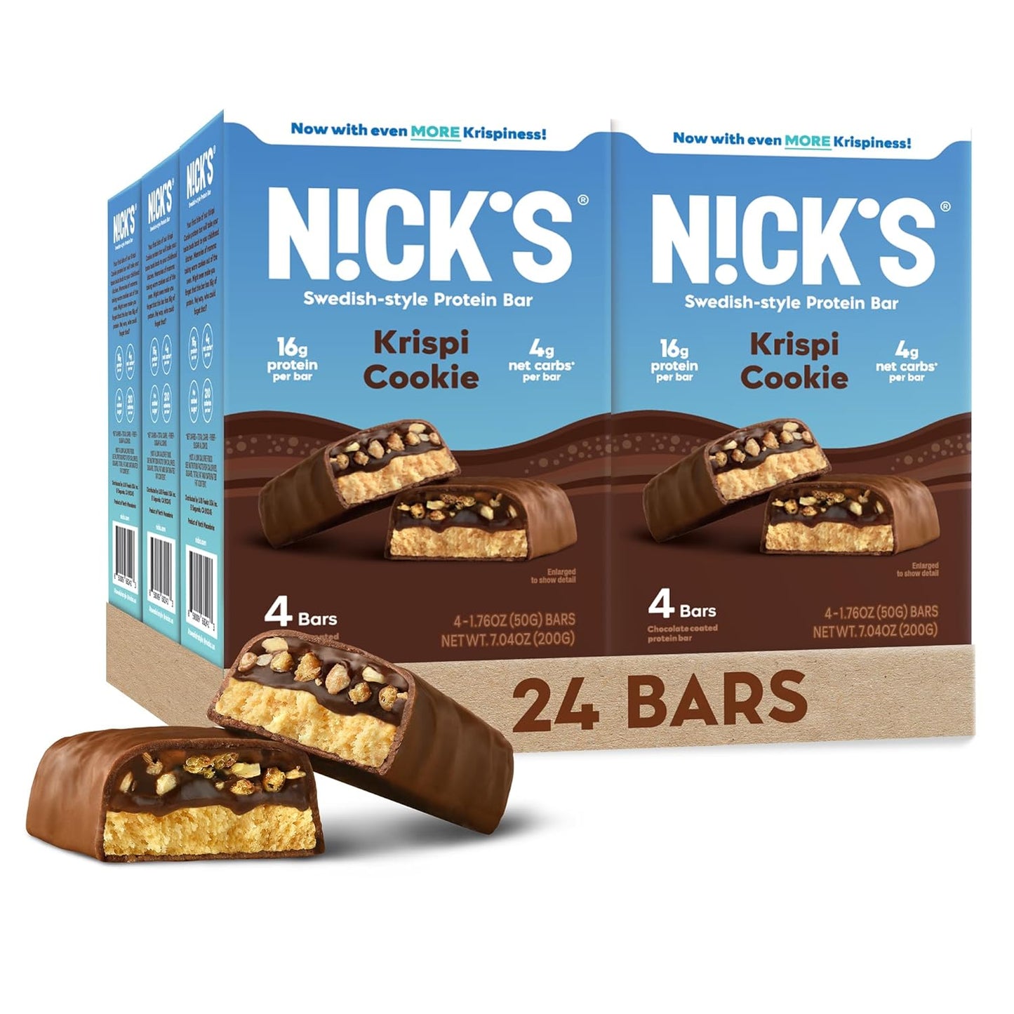 N!CK'S Krispy Cookie Protein Bars Multipack - 16g Protein, 210 Calories, Low Carb, Keto Friendly, No Added Sugar - 24 Bars x 50g