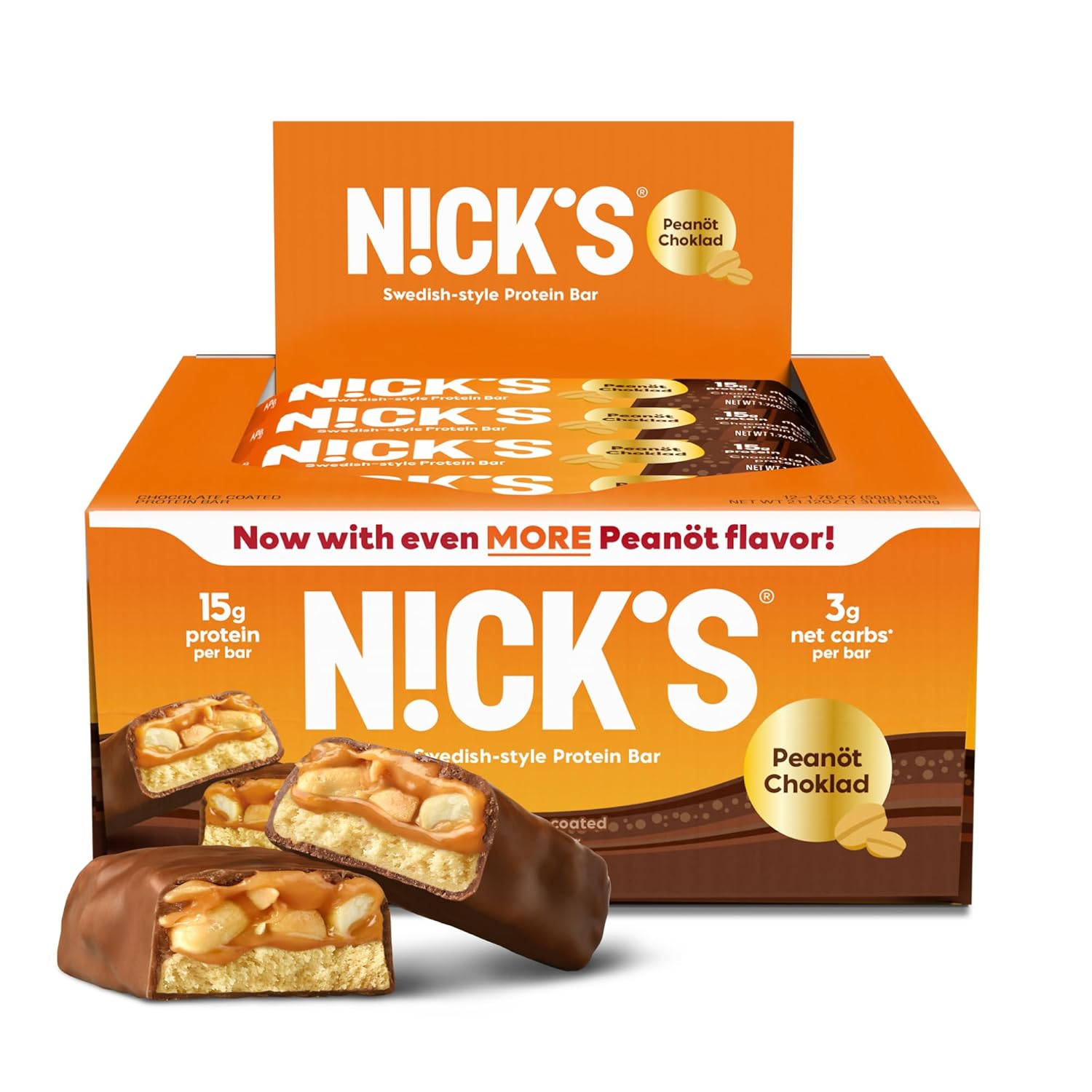 N!CK'S NICKS Chocolate Peanut Protein Bars Multipack - 12 bars x 50g, 15g protein, 200 calories, Low Carb Keto Friendly Snacks, No Added Sugar