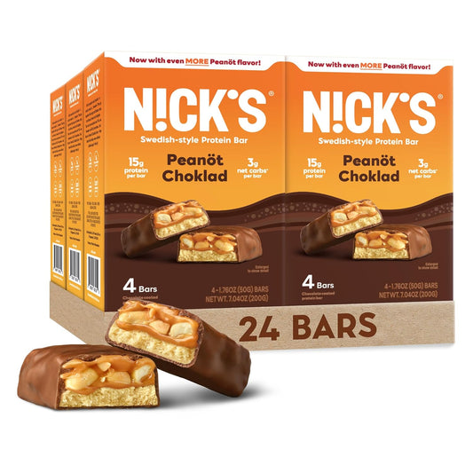 N!CK'S Swedish-Style Keto Protein Bars, 24 Count, 15g Protein, Low Carb & Sugar, Chocolate Peanut Flavor