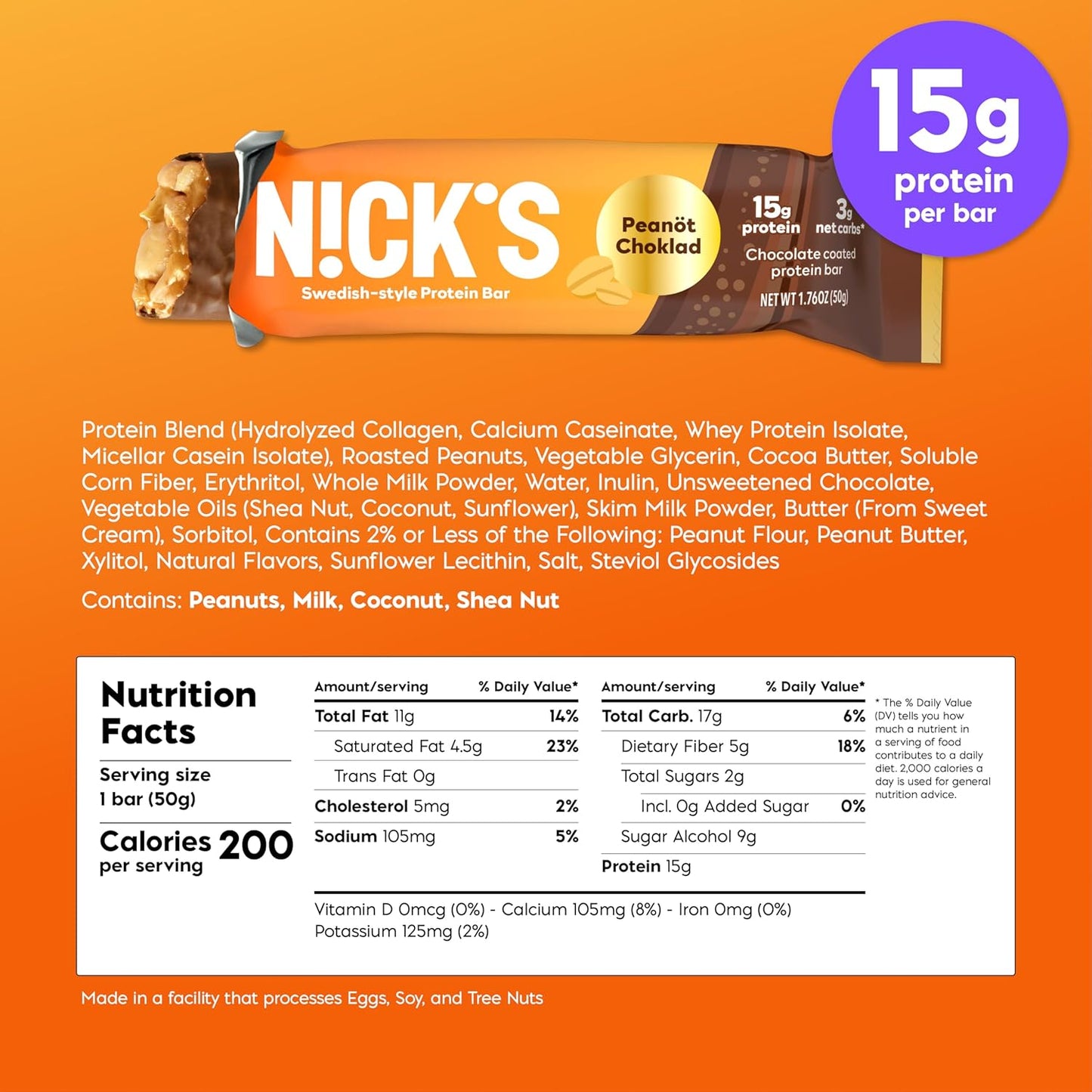 N!CK'S Swedish-Style Keto Protein Bars, 24 Count, 15g Protein, Low Carb & Sugar, Chocolate Peanut Flavor