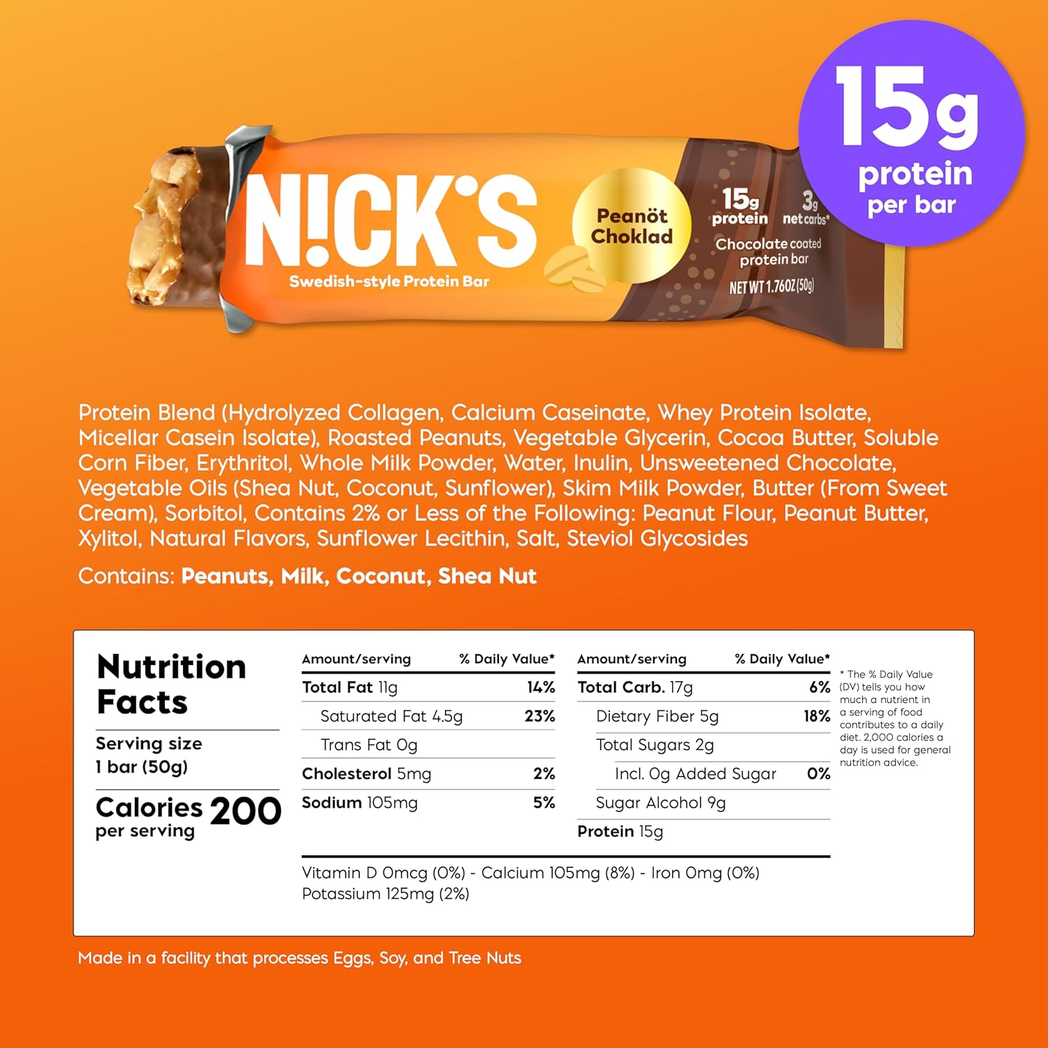 N!CK'S Swedish-Style Keto Protein Bars, 24 Count, 15g Protein, Low Carb & Sugar, Chocolate Peanut Flavor