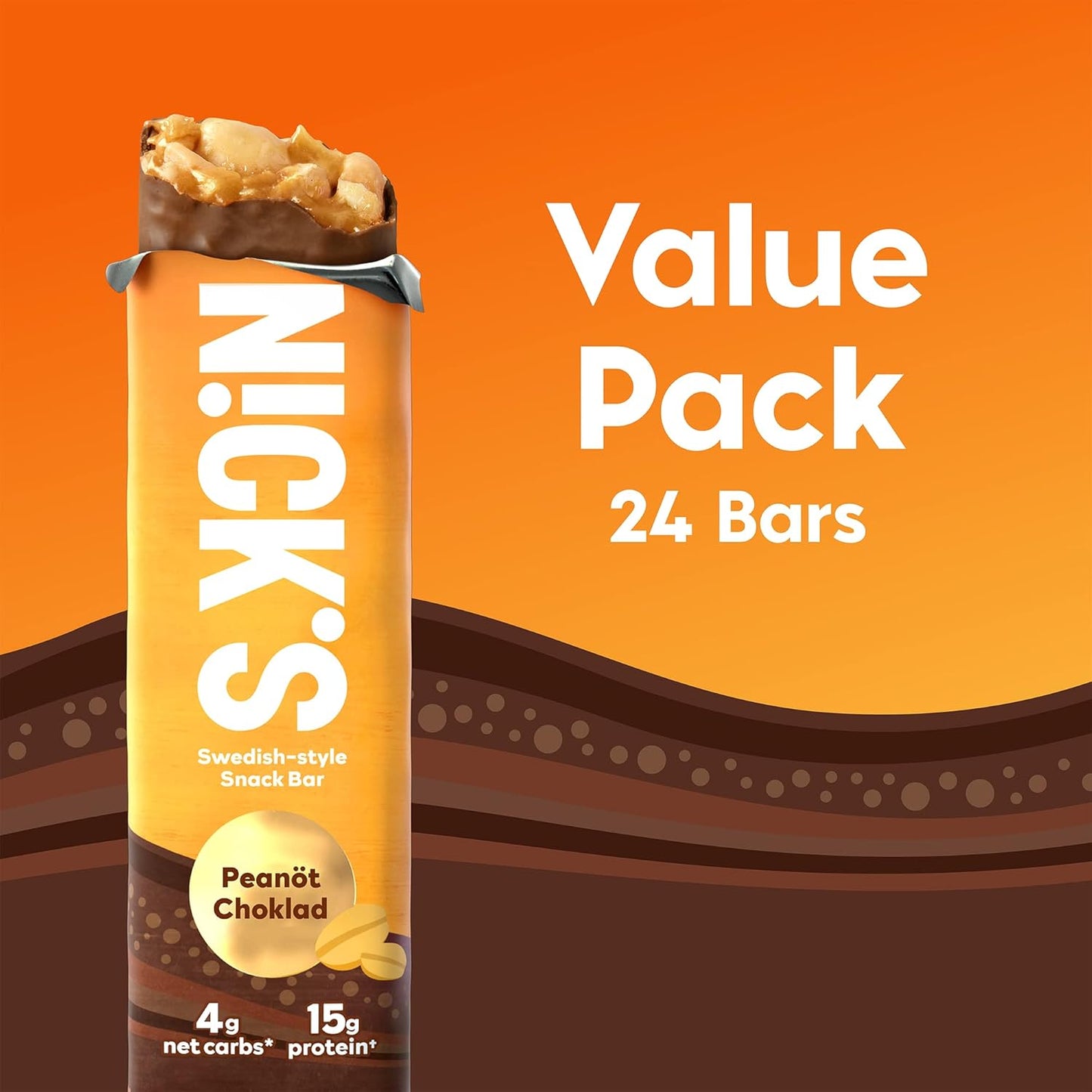 N!CK'S Swedish-Style Keto Protein Bars, 24 Count, 15g Protein, Low Carb & Sugar, Chocolate Peanut Flavor