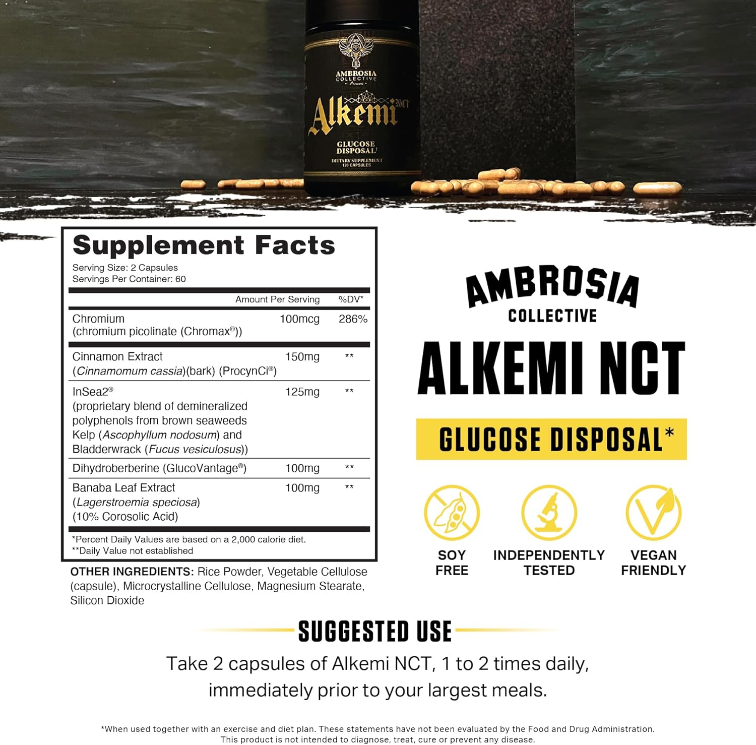 NCT Support Agent with Berberine, Cinnamon Extract, Chromium, InSea2, and GlucoVantage - Ambrosia Alkemi Formula