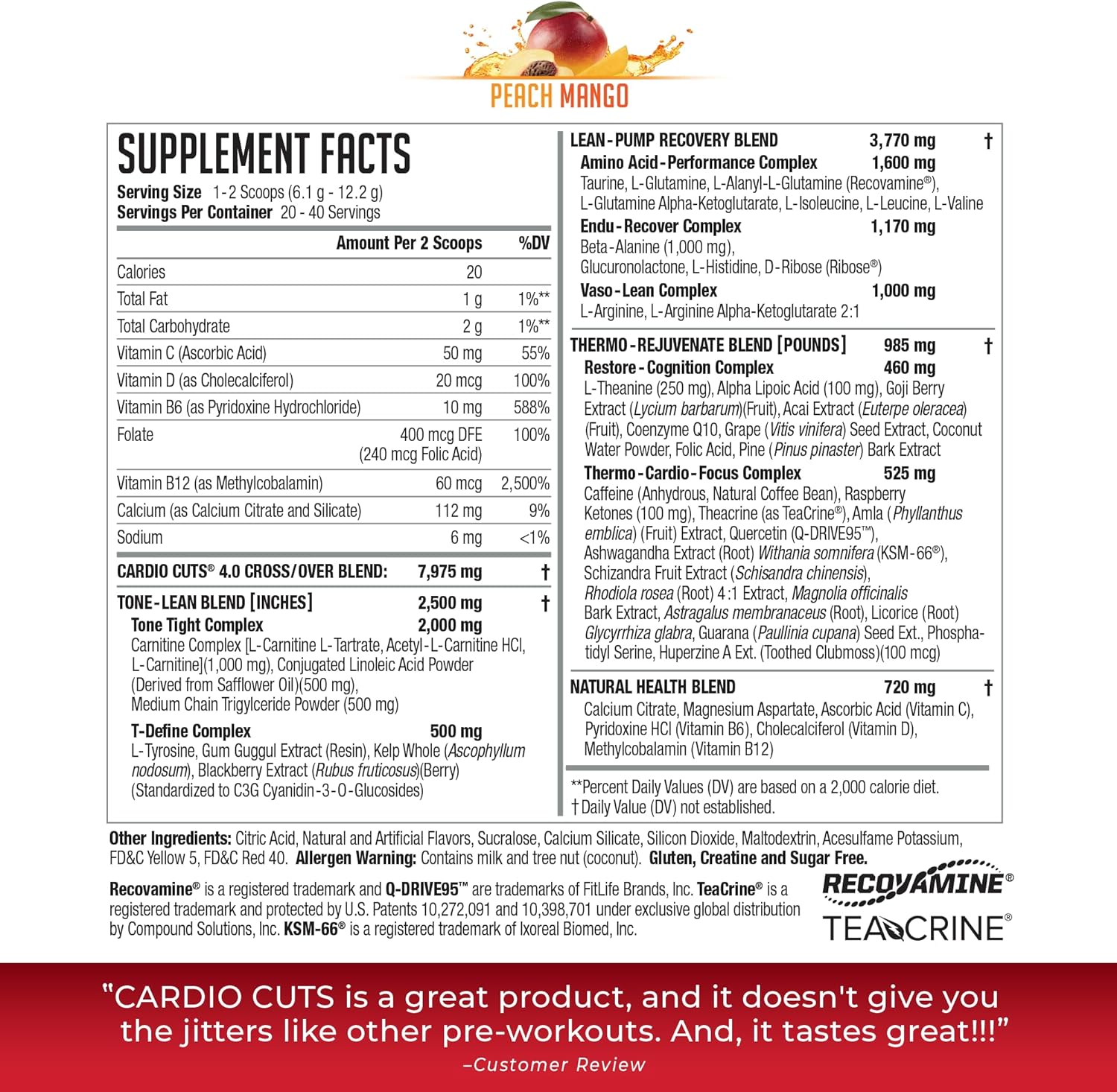NDS Nutrition Cardio Cuts 4.0 Peach Mango - 20 Servings, Energy Booster Supplement for Cardiovascular Health