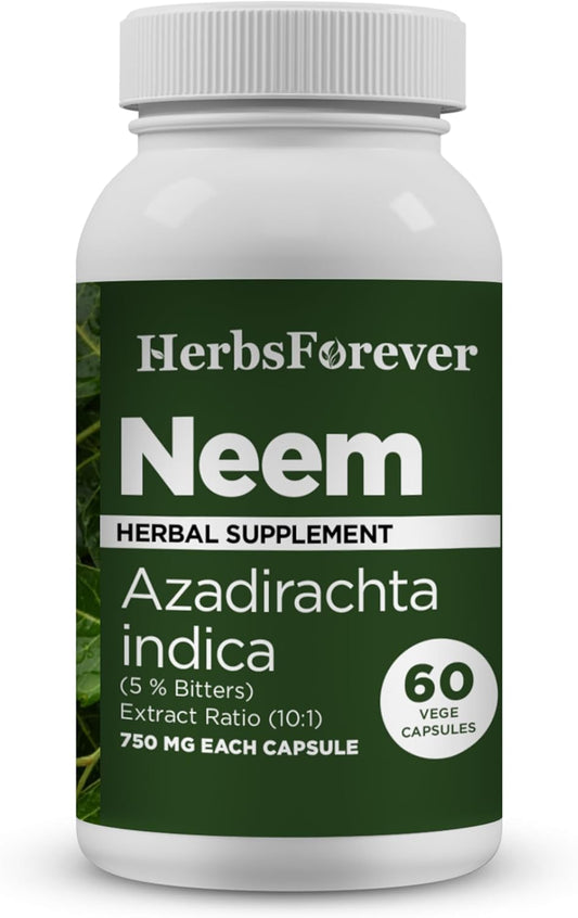 Neem Capsules - Organic Azadirachta Indica Skin Supplement - 60 Vegetarian Capsules by Herbsforever