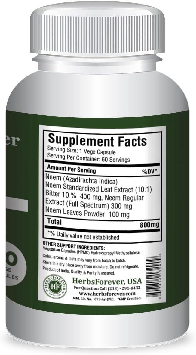 Neem Capsules - Organic Azadirachta Indica Skin Supplement - 60 Vegetarian Capsules by Herbsforever