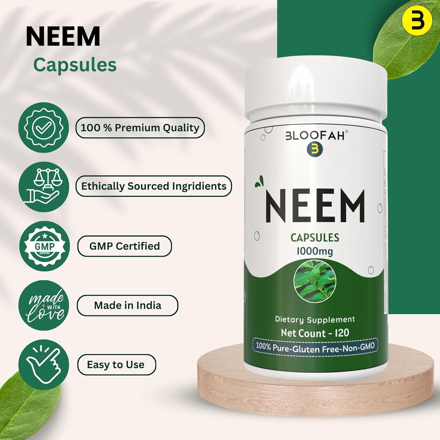 Neem Leaf Capsules 1000mg Powder | Herbal Supplement | Non-GMO, Gluten-Free | No Artificial Additives | Traditional Formula (120 Count)