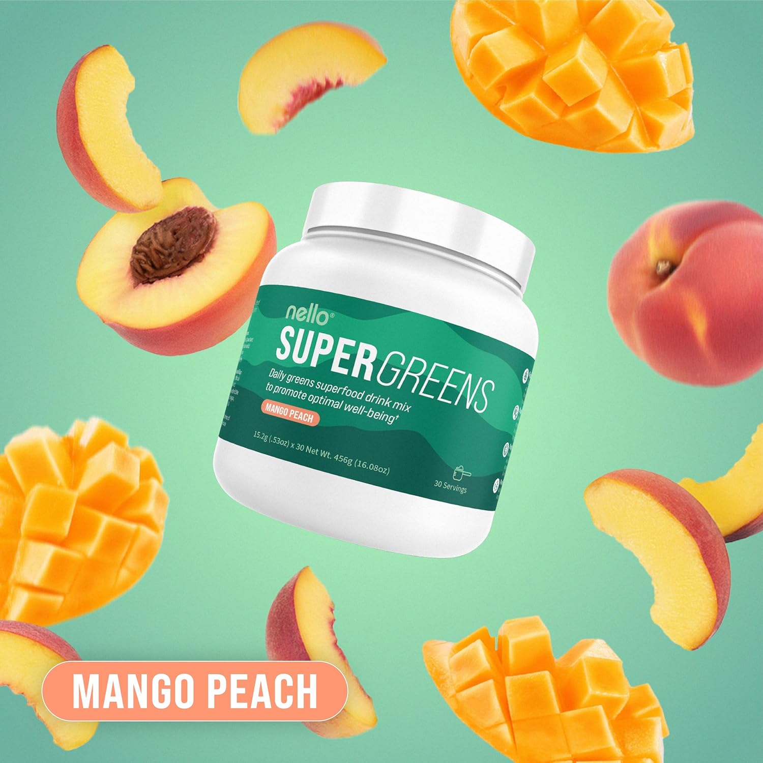 Nello Supergreens - Superfood Greens Drink Mix with Chlorella, Moringa, Spinach, & Broccoli + Digestive Enzymes & Probiotics - Mango Peach Flavor, 30 Servings