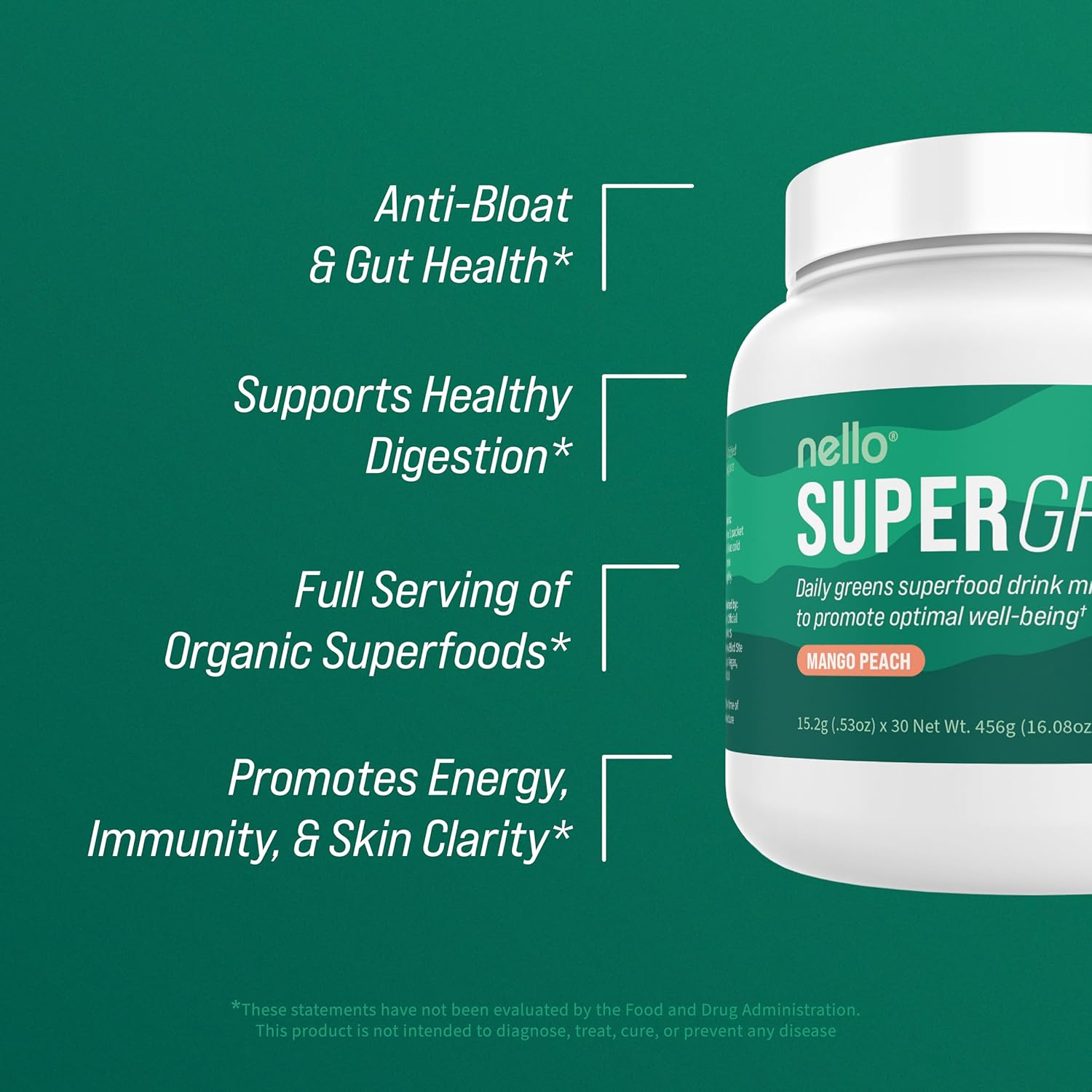 Nello Supergreens - Superfood Greens Drink Mix with Chlorella, Moringa, Spinach, & Broccoli + Digestive Enzymes & Probiotics - Mango Peach Flavor, 30 Servings