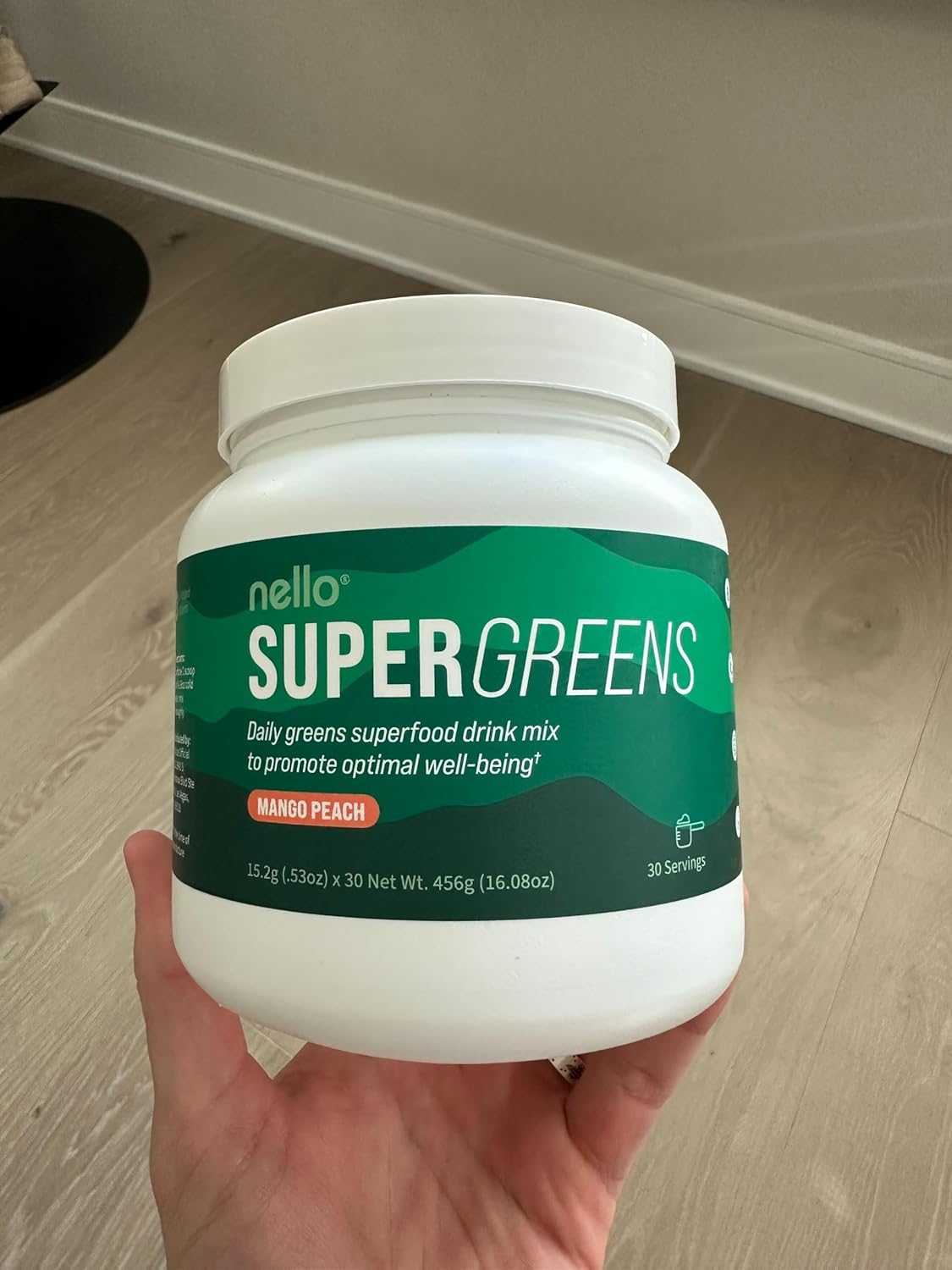 Nello Supergreens - Superfood Greens Drink Mix with Chlorella, Moringa, Spinach, & Broccoli + Digestive Enzymes & Probiotics - Mango Peach Flavor, 30 Servings