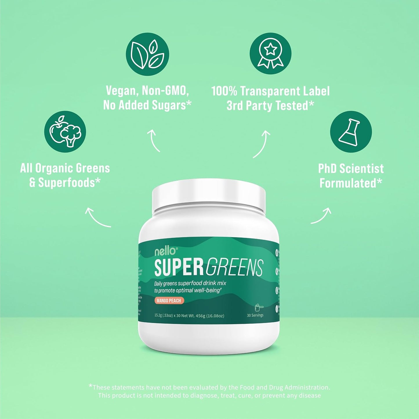Nello Supergreens - Superfood Greens Drink Mix with Chlorella, Moringa, Spinach, & Broccoli + Digestive Enzymes & Probiotics - Mango Peach Flavor, 30 Servings