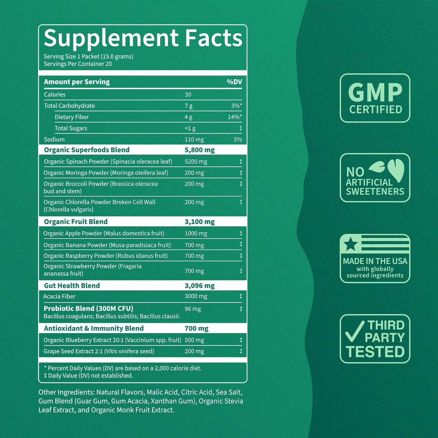 Nello Supergreens Premium Superfood Greens Drink Mix with Chlorella, Moringa, Spinach, Broccoli, Digestive Enzymes, and Probiotic Blend - Nutrient-Packed Powder Wellness in Mango Peach Flavor, 20 Servings, Travel Pack