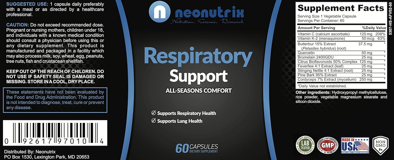Neonutrix Lung Detox Cleanse Supplement for Smokers - Natural Respiratory Support - Vegetarian-Friendly Nasal Decongestant - 60 Capsules - Made in USA