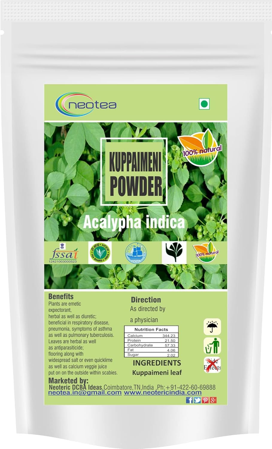 Neotea Acalypha Indica Powder - Indian Acalypha, Mercury, Copperleaf - 300 Grams