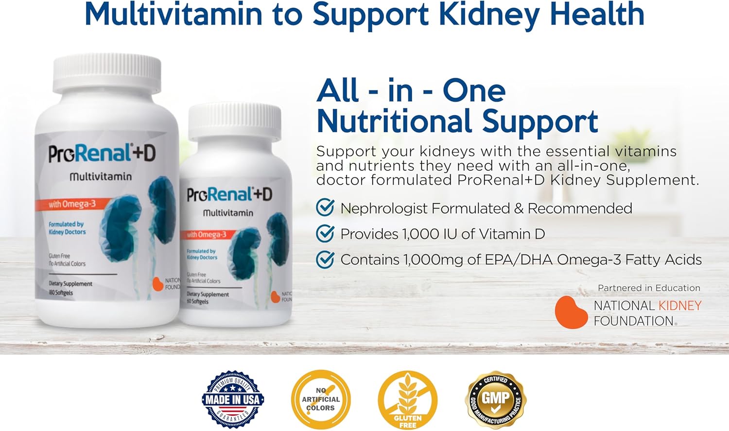 Nephroceuticals ProRenal+D Kidney Multivitamin Supplement with Omega-3 Fish Oil - 30 Day Supply