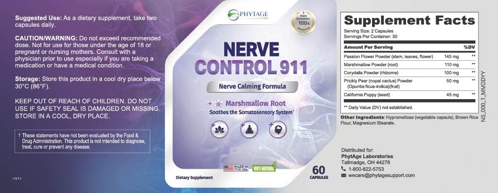 Nerve Control 911 by Phytage Labs - Natural Plant-Based Supplement for Nerve Health (60 Caps)