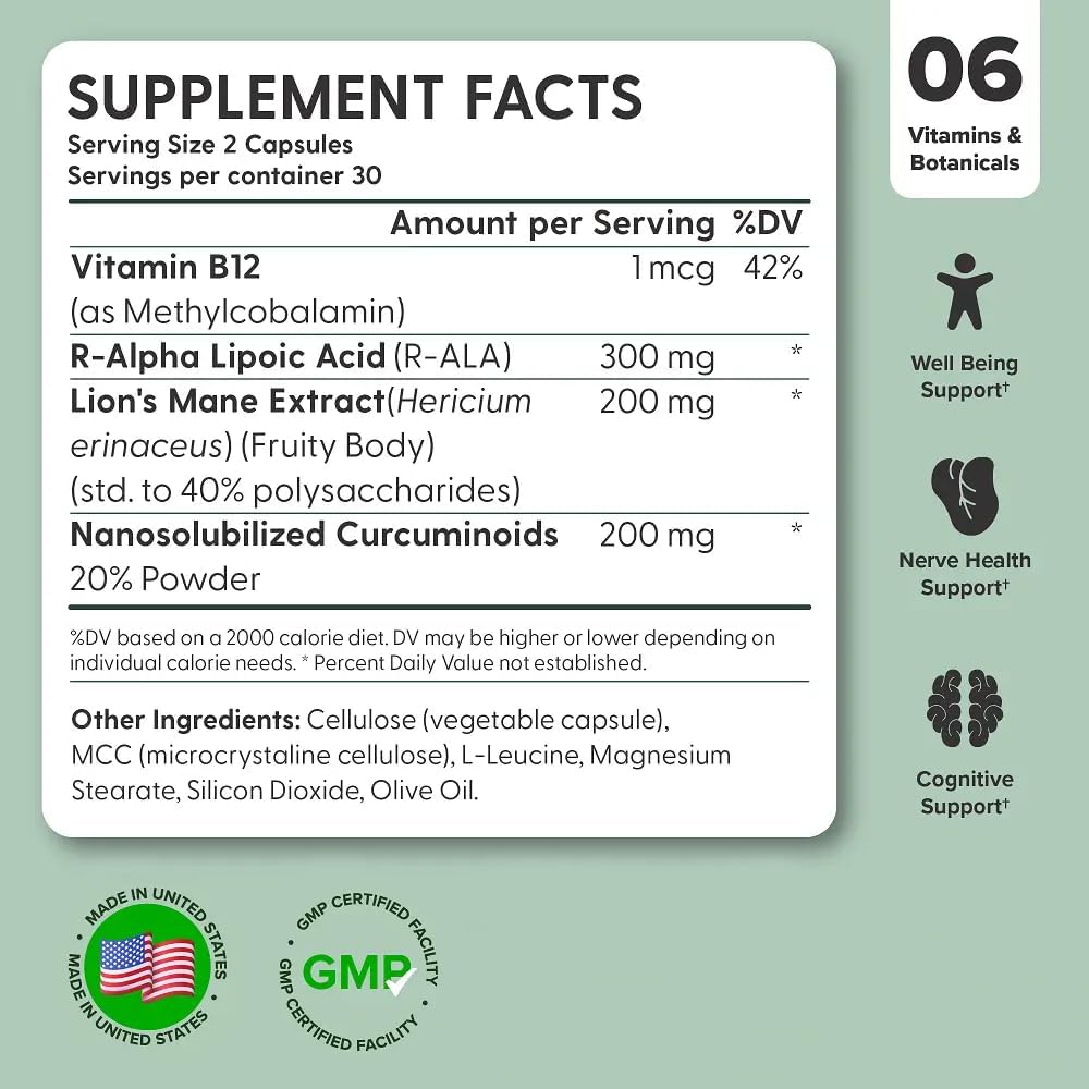 Nerve Prime Supplement with R-Alpha Lipoic Acid, Lion’s Mane Mushroom, Curcumin - Supports Well-Being, Cognitive Function, Antioxidant Protection - 60 Day Supply (2 Pack)