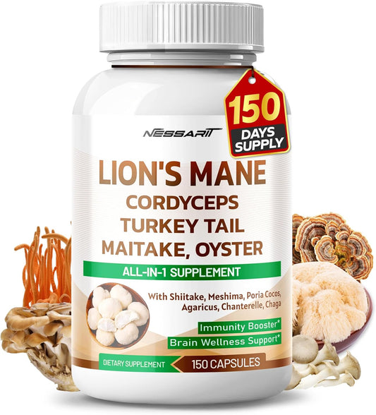 NESSARIT 12-in-1 Lion's Mane Supplement with Cordyceps, Turkey Tail, Maitake, Oyster, Shiitake, Meshima, Poria Cocos - 150 Count - USA Made & Tested
