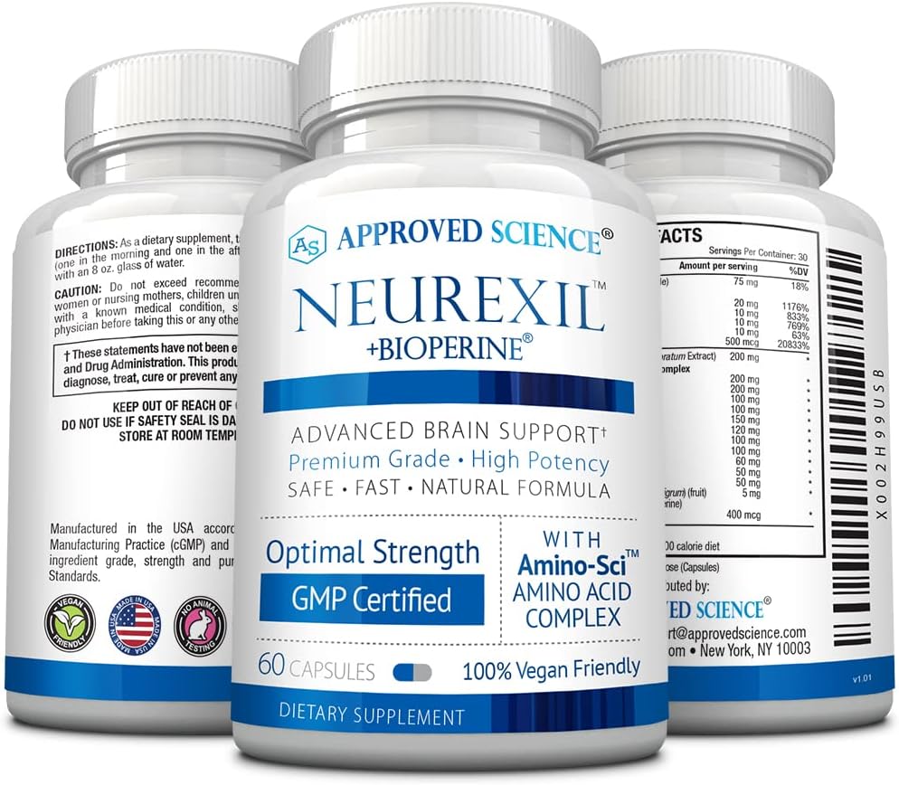 Neurexil Nootropic Support Supplement with DMAE for Brain Function, Memory, Clarity - L-Tyrosine, Ginkgo Biloba, Huperzine A, BioPerine - 60 Capsules