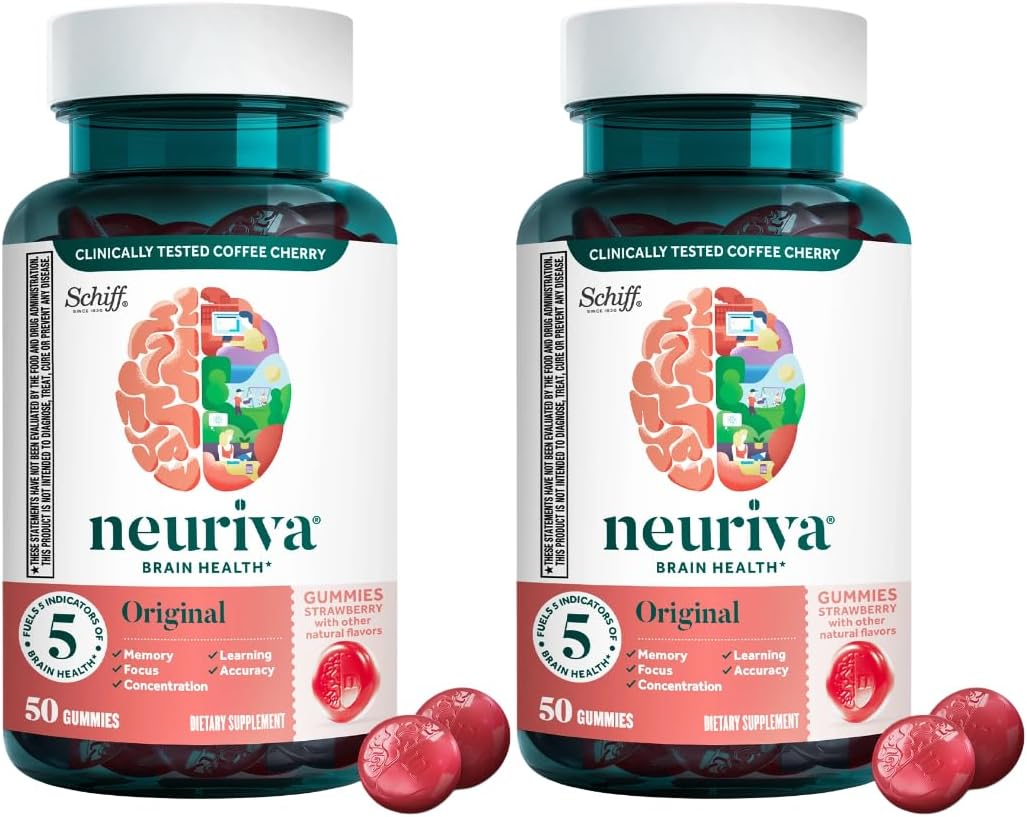 NEURIVA Original Brain Supplement with Clinically Tested Nootropics for Memory, Focus & Concentration - Strawberry Flavor, 50 Gummies - 2 Pack