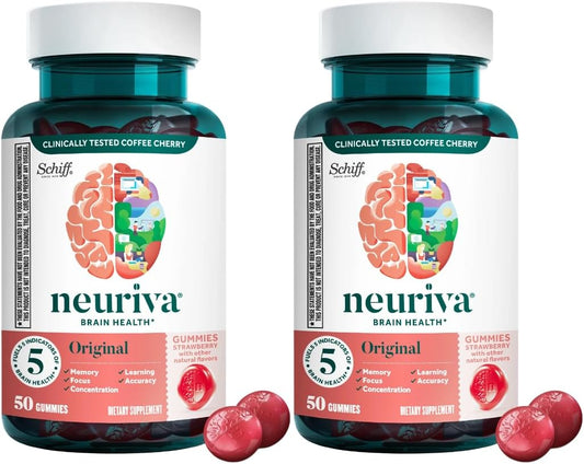 NEURIVA Original Brain Supplement with Clinically Tested Nootropics for Memory, Focus & Concentration - Strawberry Flavor, 50 Gummies - 2 Pack