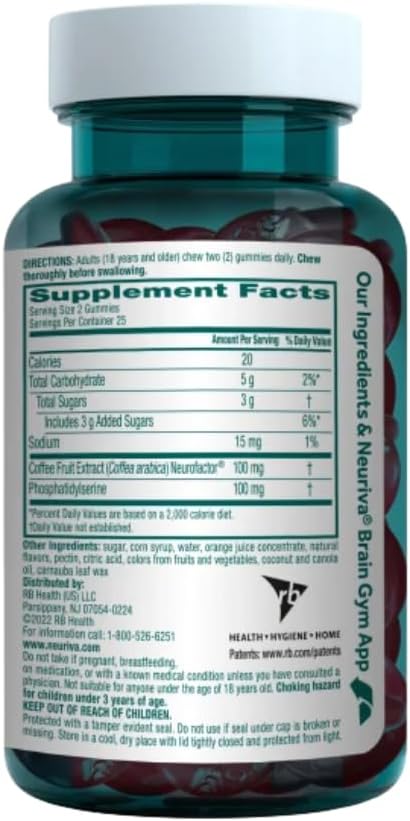 NEURIVA Original Brain Supplement with Clinically Tested Nootropics for Memory, Focus & Concentration - Strawberry Flavor, 50 Gummies - 2 Pack