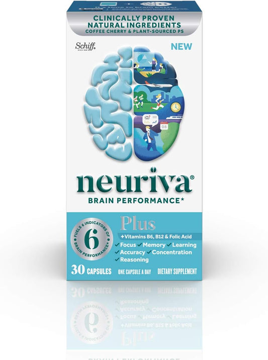 NEURIVA Plus Capsules 30 Count Bottle - Nootropic Brain Supplement for Focus, Memory, Learning - Pack of 6