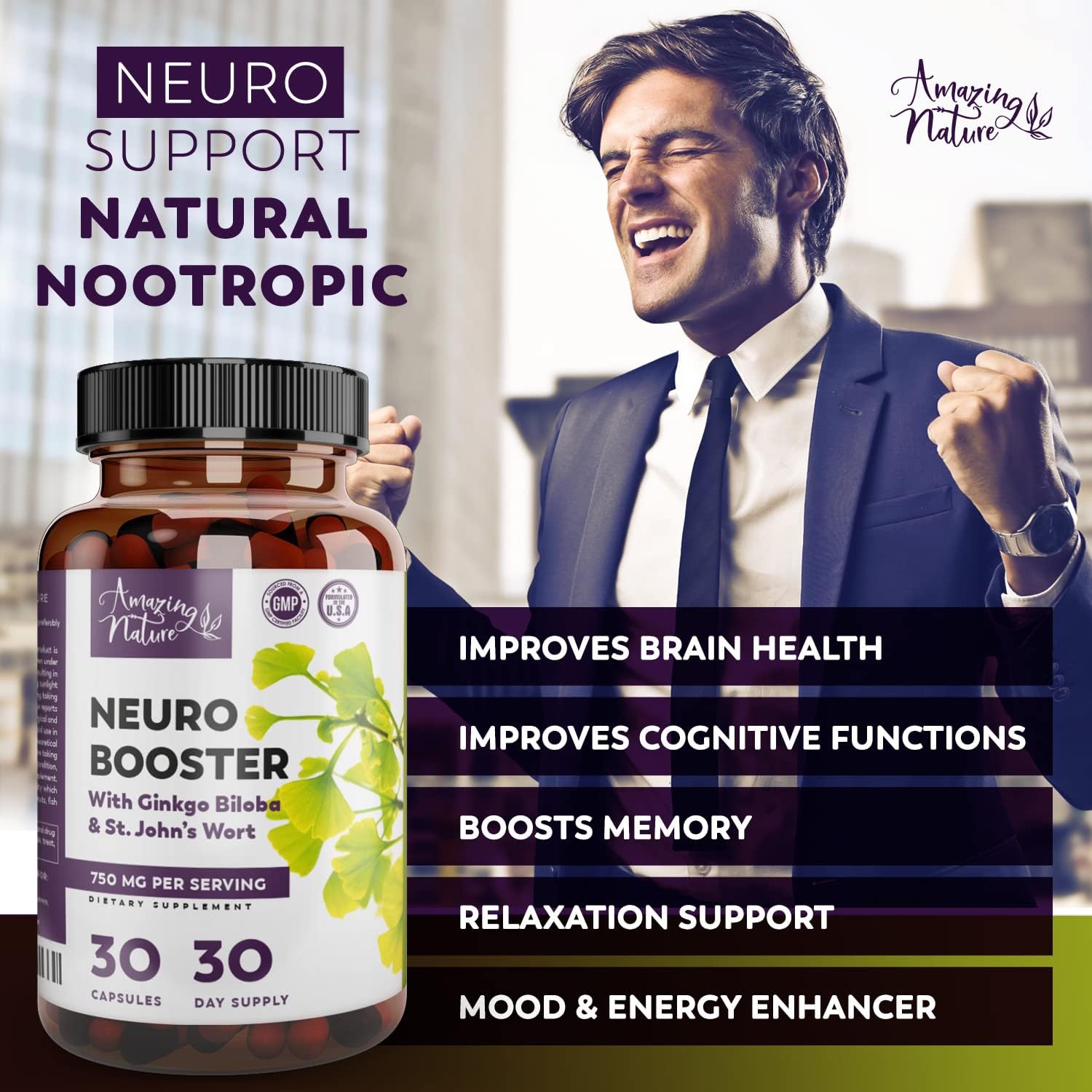 Neuro Booster Nootropic Supplement for Memory, Clarity, Focus, Relaxation - Gingko Biloba, Bacopa Monnieri, St. John’s Wort & More