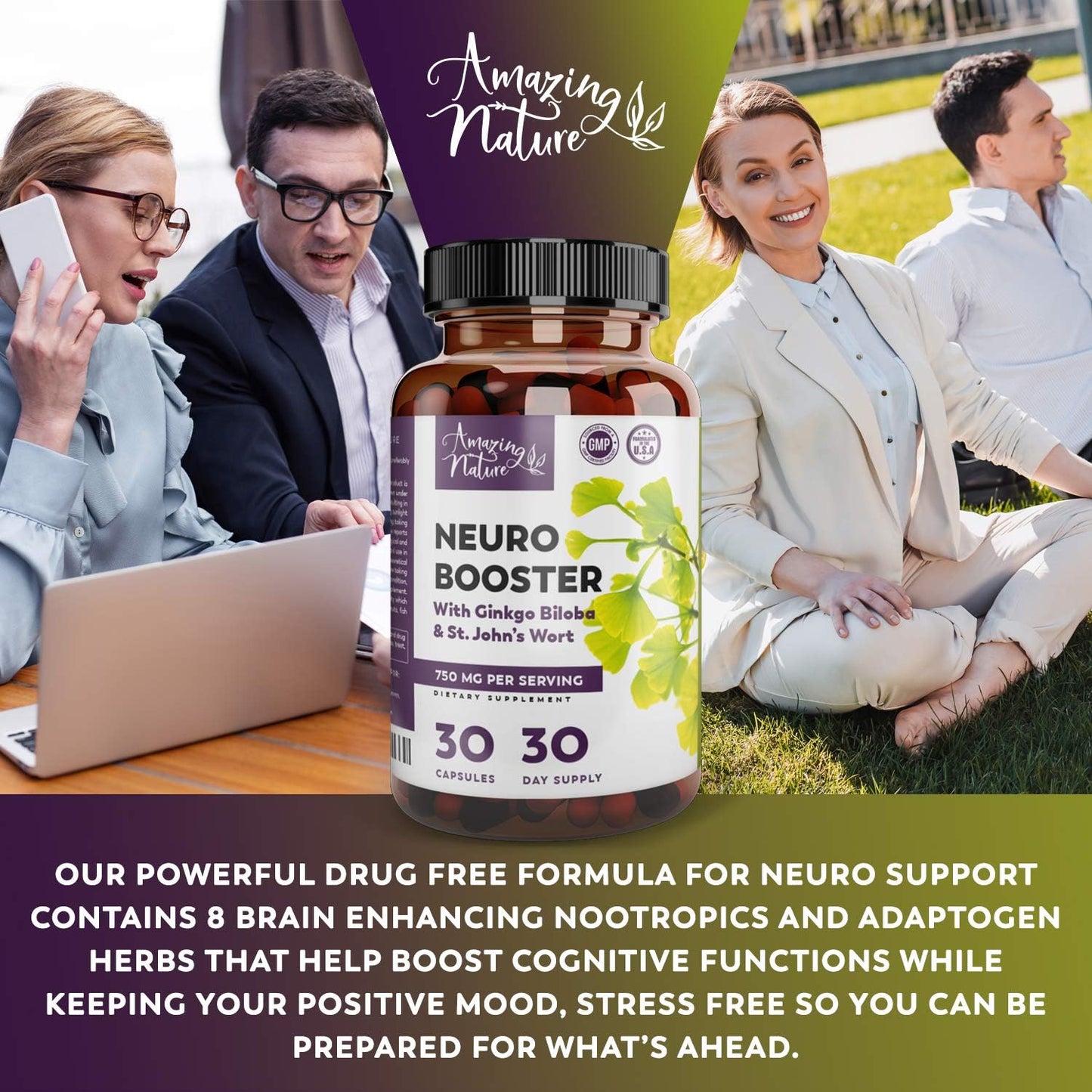 Neuro Booster Nootropic Supplement for Memory, Clarity, Focus, Relaxation - Gingko Biloba, Bacopa Monnieri, St. John’s Wort & More