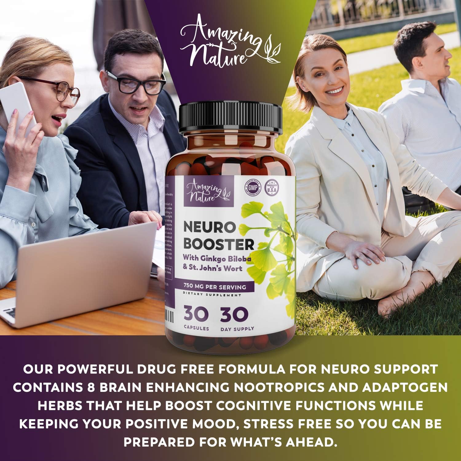 Neuro Booster Nootropic Supplement for Memory, Clarity, Focus, Relaxation - Gingko Biloba, Bacopa Monnieri, St. John’s Wort & More