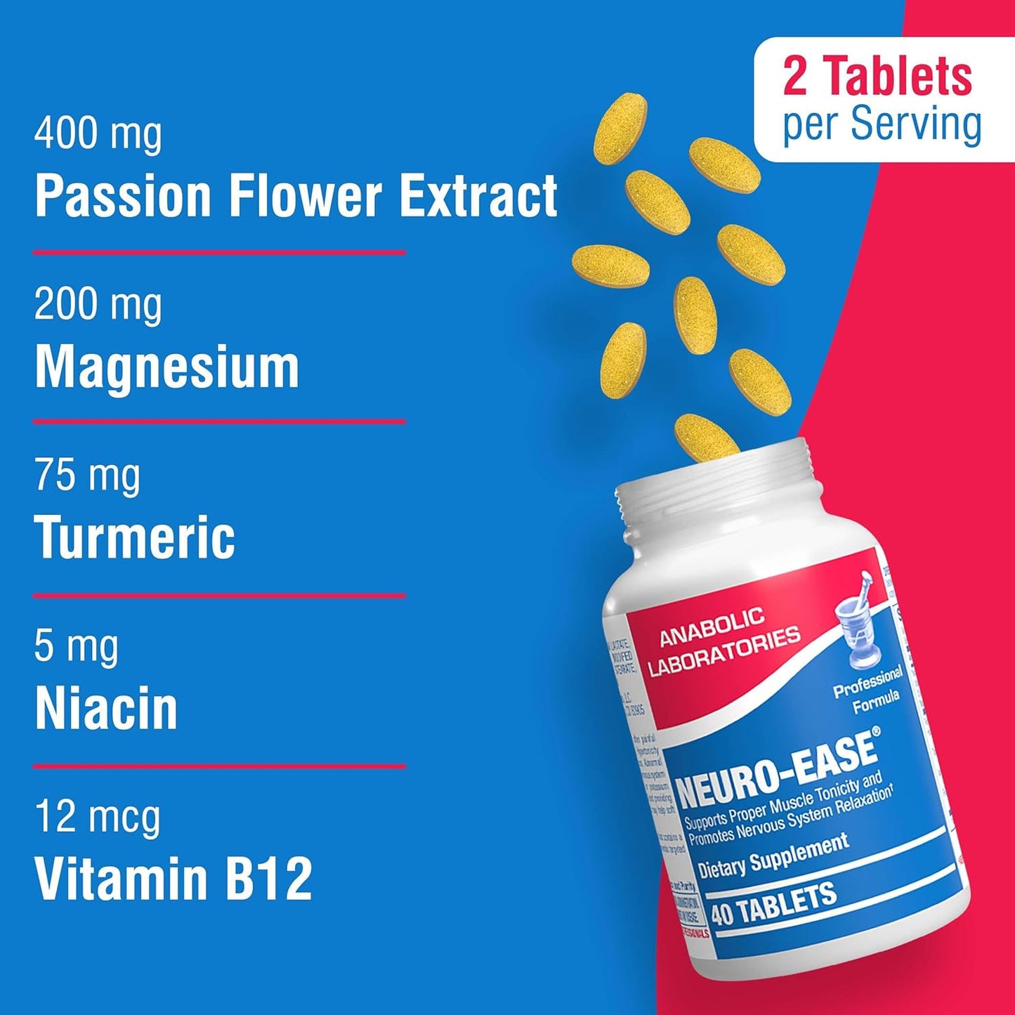 Neuro Ease Supplement with Vitamin B12, Turmeric Curcumin, and Magnesium - 40 Tablets for Muscle and Nerve Health - Includes Choline and Niacin for Optimal Wellness