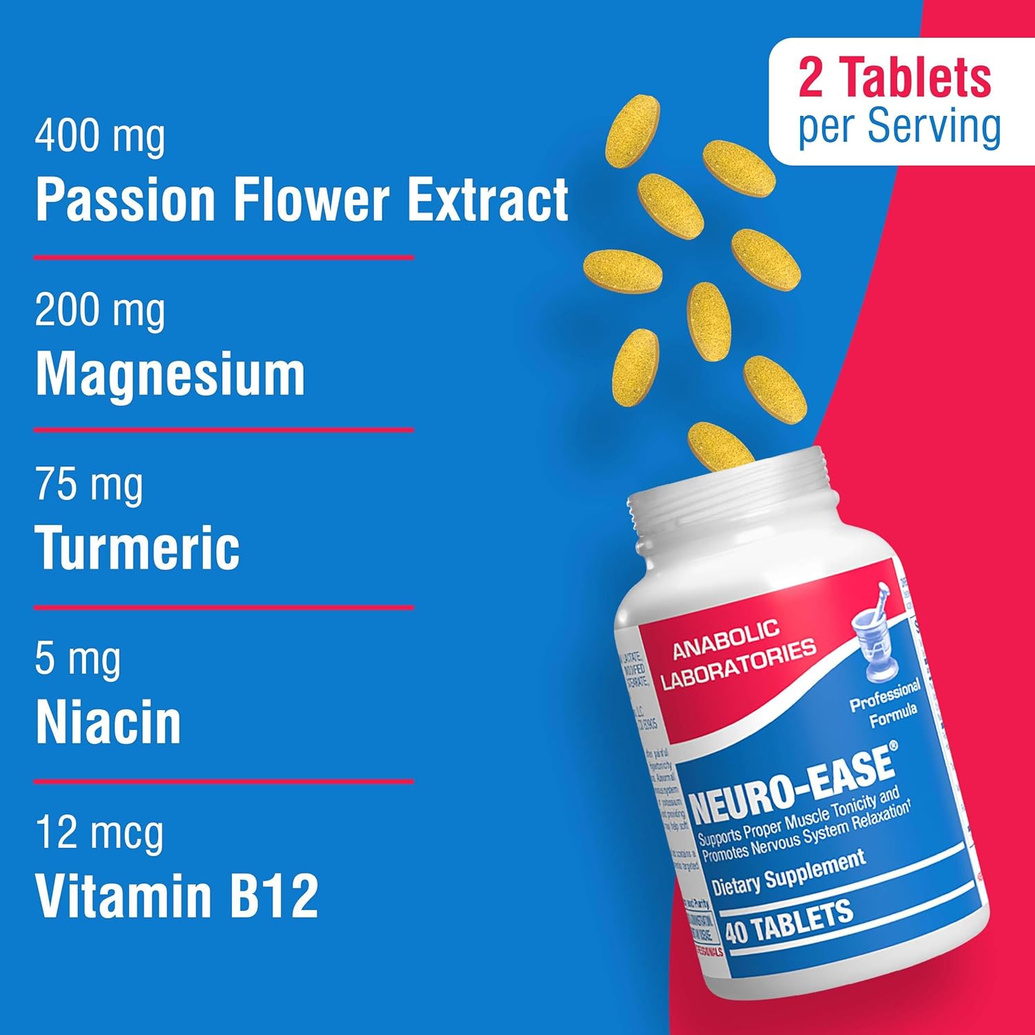 Neuro Ease Supplement with Vitamin B12, Turmeric Curcumin, and Magnesium - 40 Tablets for Muscle and Nerve Health - Includes Choline and Niacin for Optimal Wellness