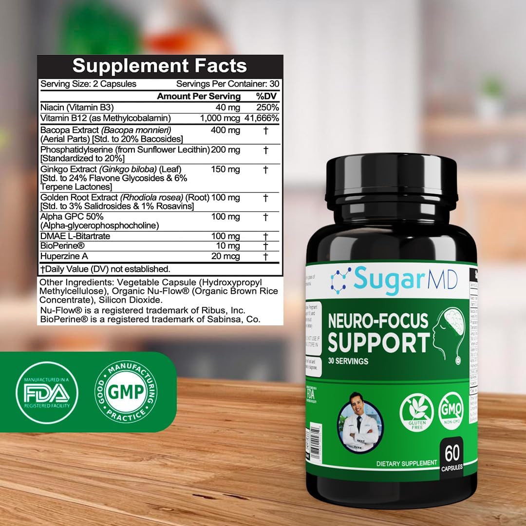 Neuro-Focus Support Supplement for Brain Health - Memory, Focus, & Clarity Formula with Bacopa, Ginkgo, & Bioperine - Non-GMO & Gluten-Free - 60 Capsules