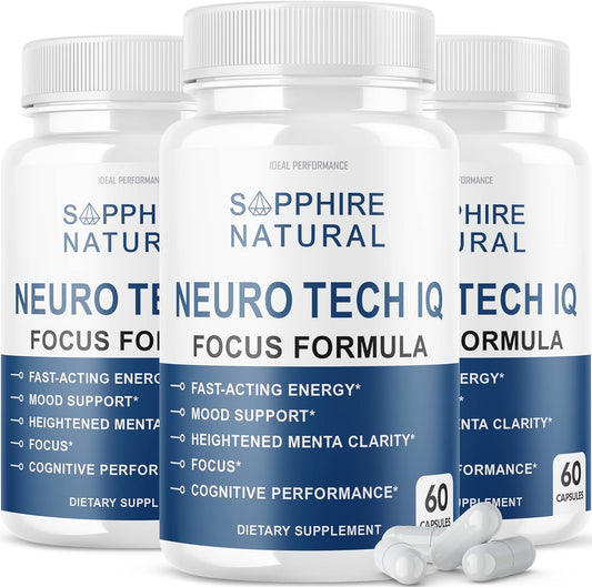 Neuro Tech IQ Brain Supplement - Focus Formula Pills (180 Capsules) - 3 Pack for Ideal Performance