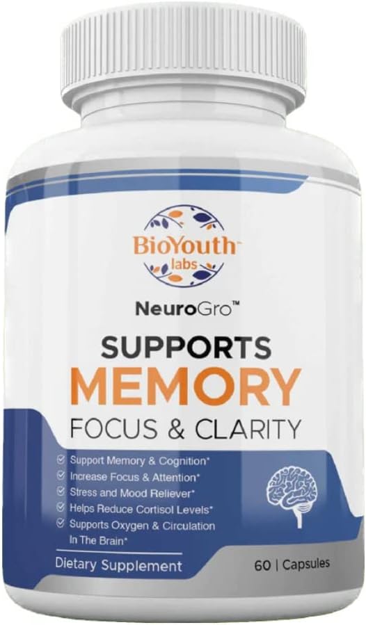 NeuroGro Natural Brain Supplement for Adults - Bacopa Monnieri, Ginkgo Biloba, Melissa Officinalis & Citicoline Blend for Focus & Memory - 60 Capsules