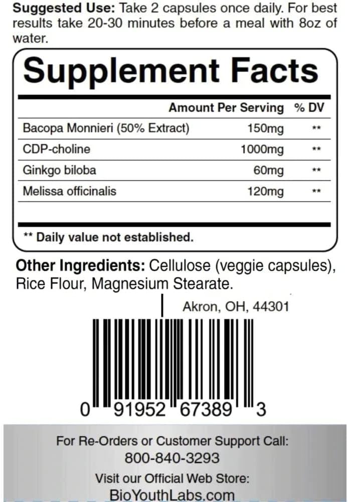 NeuroGro Natural Brain Supplement for Adults - Bacopa Monnieri, Ginkgo Biloba, Melissa Officinalis & Citicoline Blend for Focus & Memory - 60 Capsules