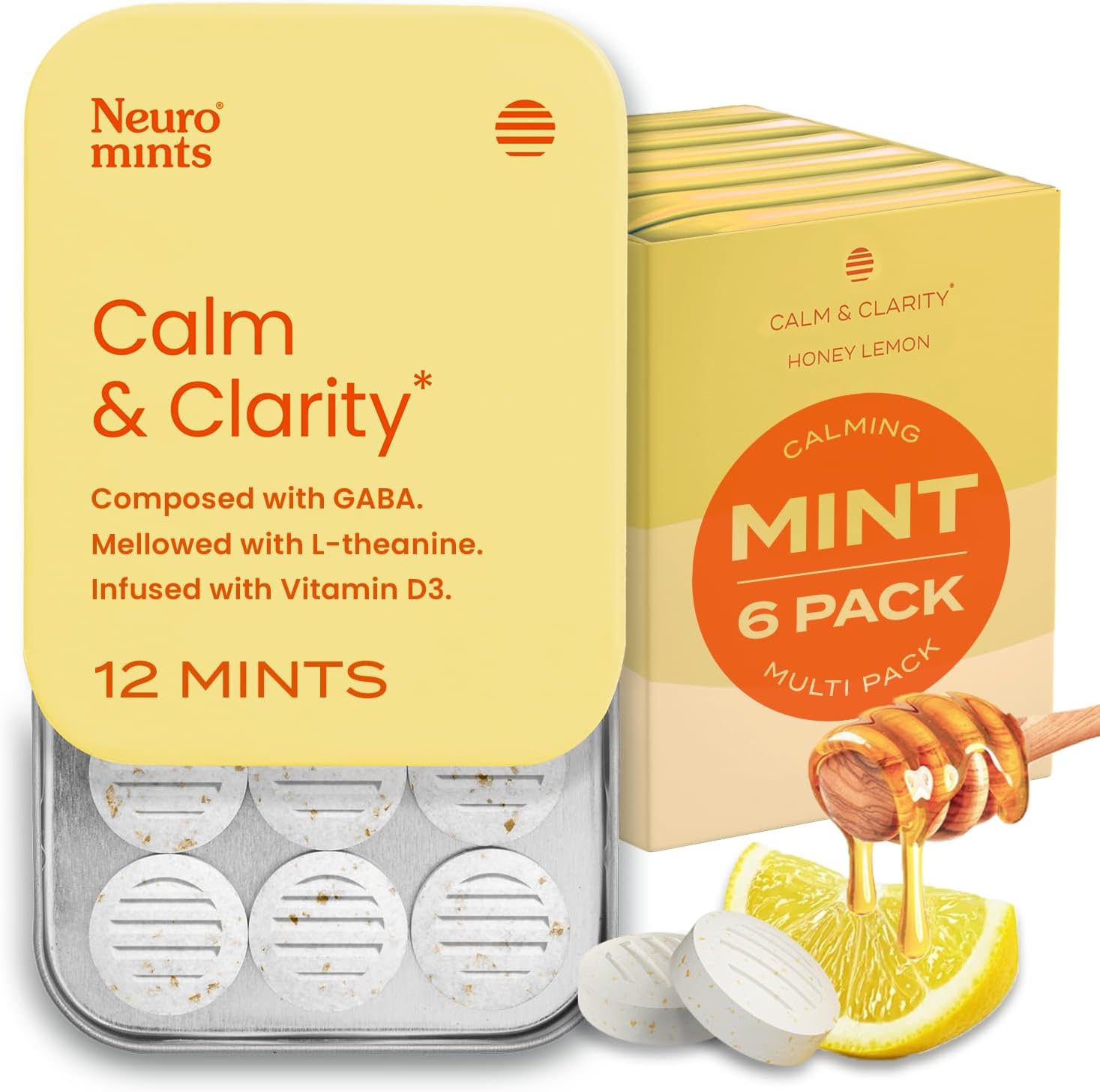 NeuroGum Nootropic Brain Supplement Mints - Calm & Clarity - Sugar Free with L-theanine, GABA, Vitamin D3 - Memory Support - Stress Relief for Men & Women - Honey Lemon Flavor - 72 Pieces