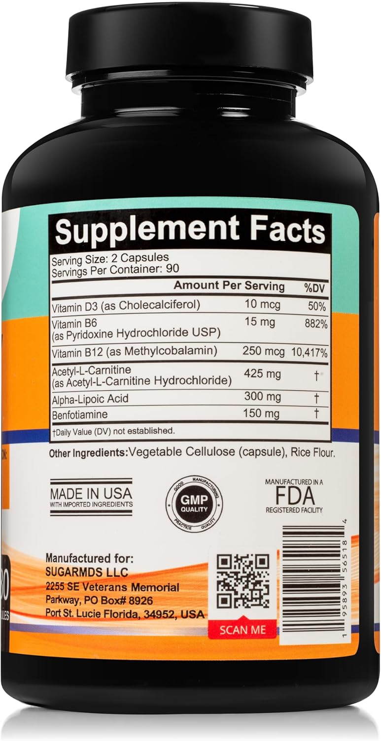 Neuropathy Support Supplement - 180 Capsules for Nerve Health with Alpha Lipoic Acid, Benfotiamine, Vitamin D3 B6 B12 - Support for Feet, Hands, Fingers, Legs - 90 Day Supply - BoostGo Australia