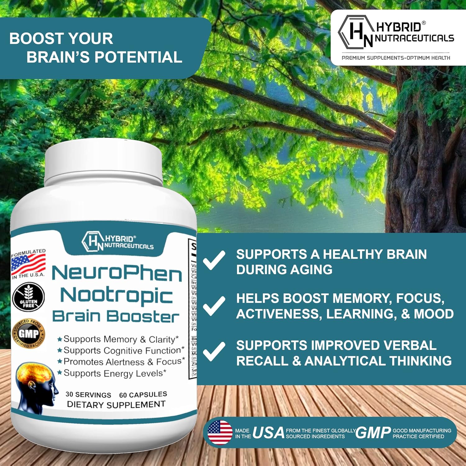 NeuroPhen Nootropics Brain Booster Supplement with Bacopa Extract, Phosphatidylserine, Huperzine A - 60 Capsules for Focus and Memory